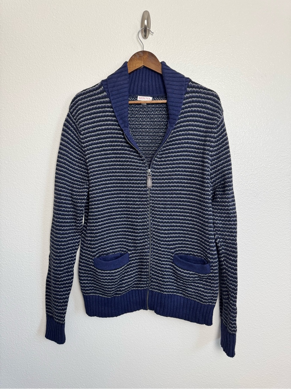 Nautica Navy & Gray Striped Shawl Zip Cardigan